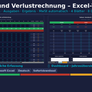 Gewinn- und Verlustrechnung Excel | GuV-Vorlage | Dashboard & Diagramme | Selbstständige | Sofort Download