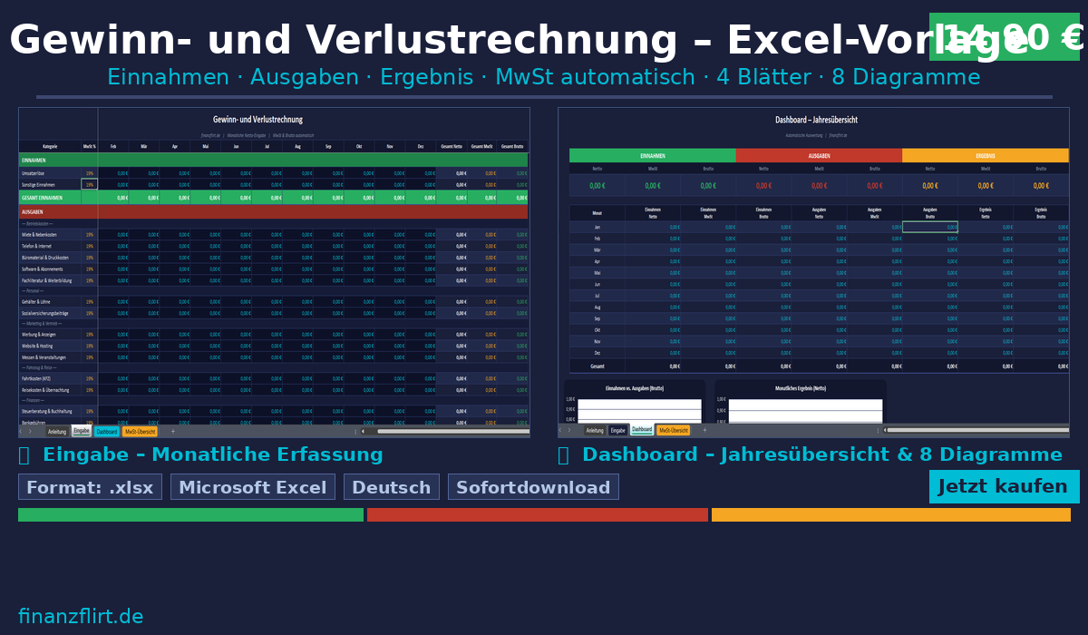 Gewinn- und Verlustrechnung Excel | GuV-Vorlage | Dashboard & Diagramme | Selbstständige | Sofort Download